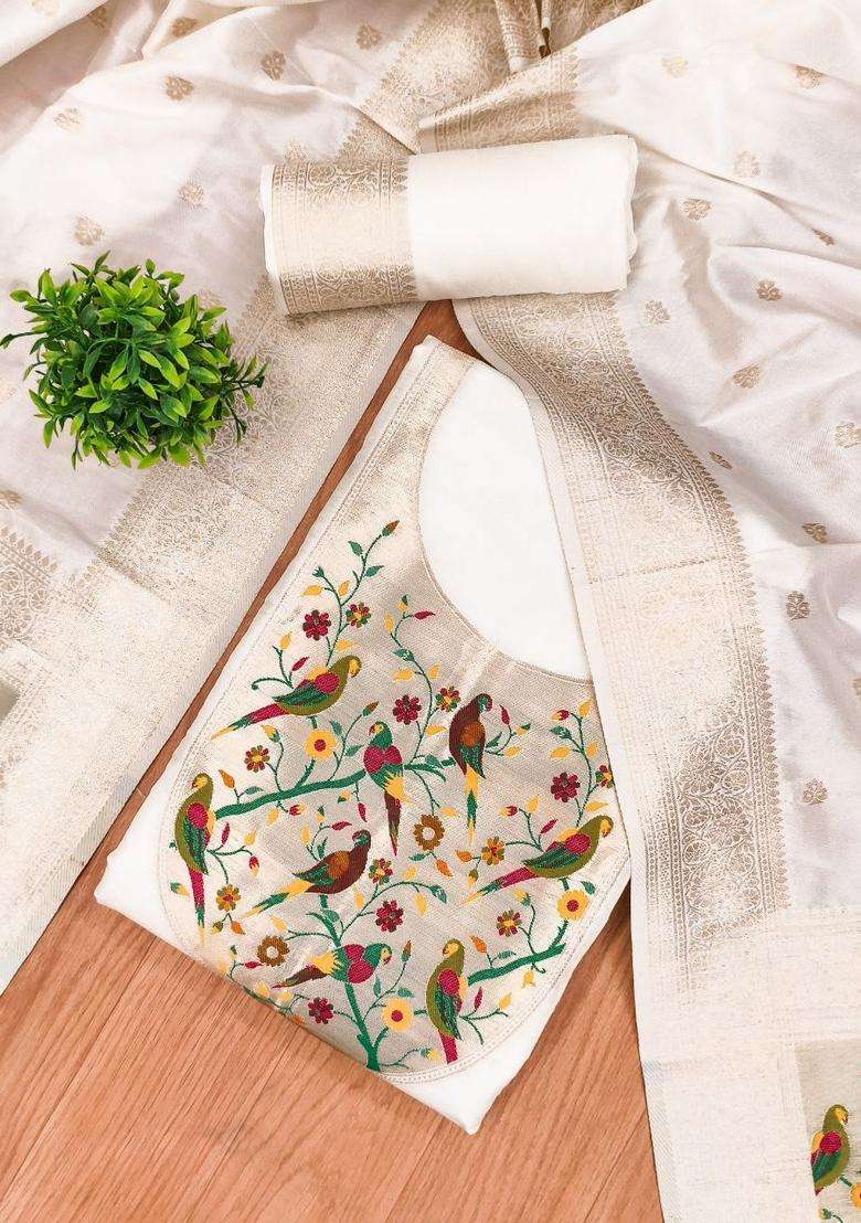 White Embroidery Silk Kurta Set - Indya