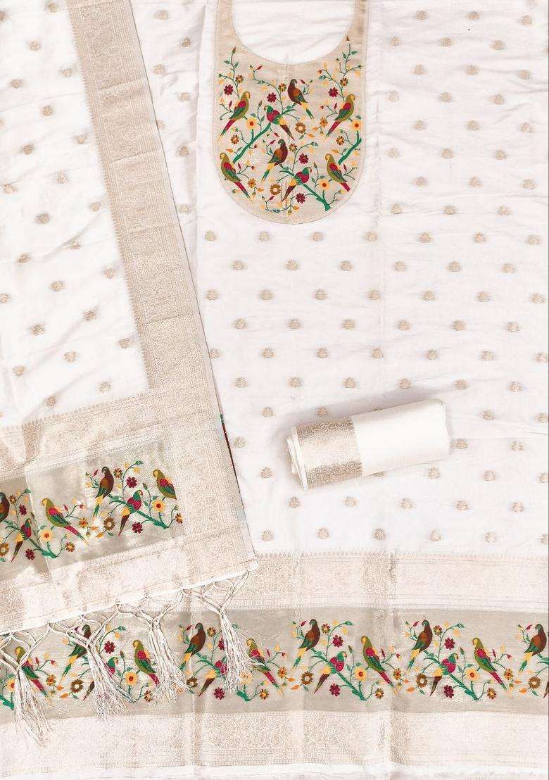 White Embroidery Silk Kurta Set - Indya