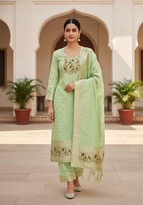 Sea Green Embroidery Silk Kurta Set