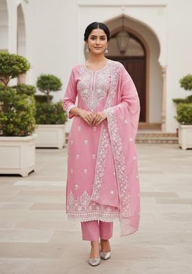 Pink Embroidery Silk Kurta Set