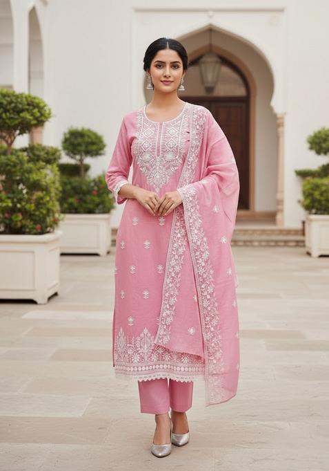 Pink Embroidery Silk Kurta Set
