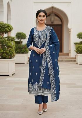 Multicolor Embroidery Silk Kurta Set