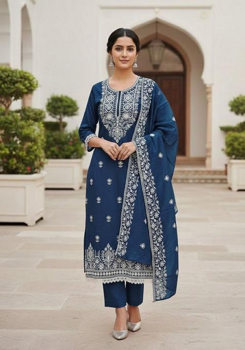 Multicolor Embroidery Silk Kurta Set