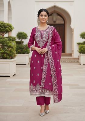 Maroon Embroidery Silk Kurta Set