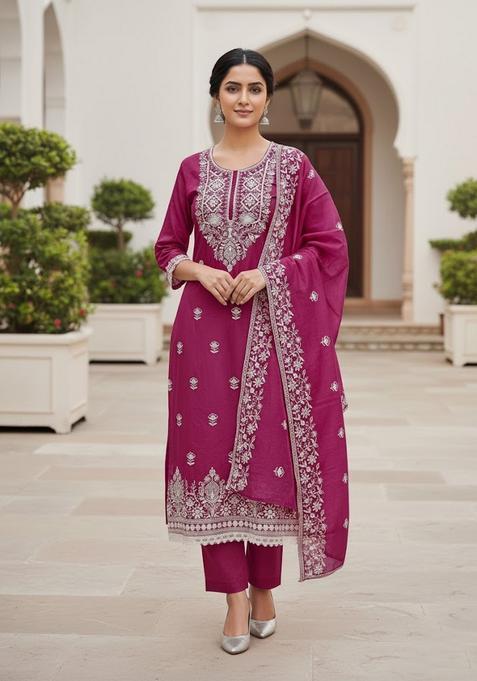 Maroon Embroidery Silk Kurta Set