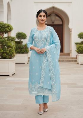 Navy Blue Embroidery Silk Kurta Set