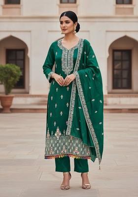 Multicolor Embroidery Silk Kurta Set