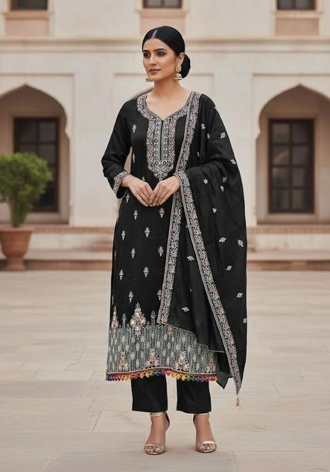 Black Embroidery Silk Kurta Set