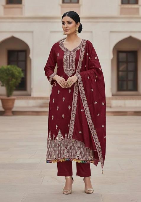 Maroon Embroidery Silk Kurta Set