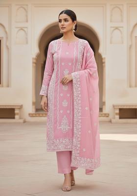 Pink Embroidery Chanderi Kurta Set
