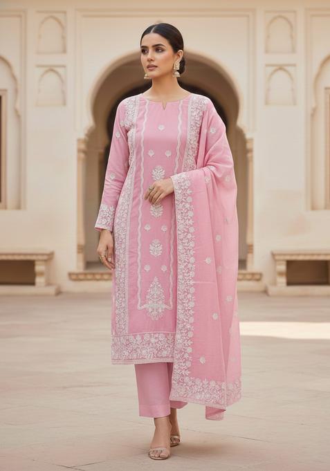 Pink Embroidery Chanderi Kurta Set