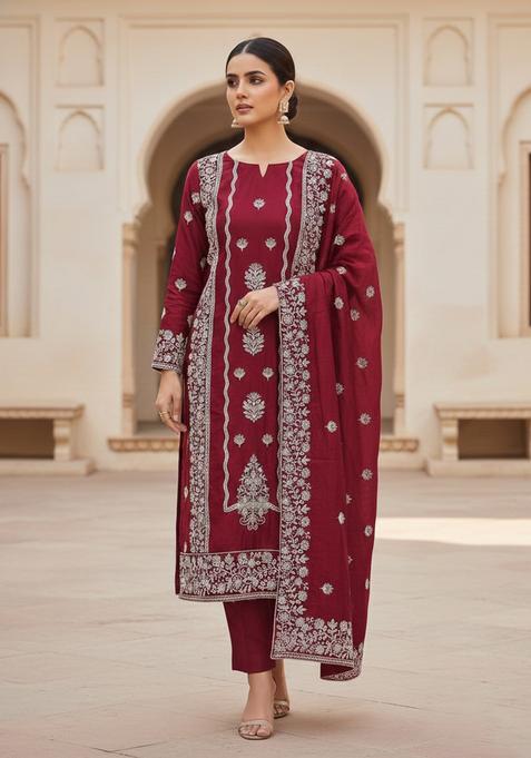 Maroon Embroidery Chanderi Kurta Set