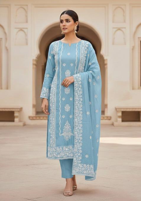 Navy Blue Embroidery Chanderi Kurta Set