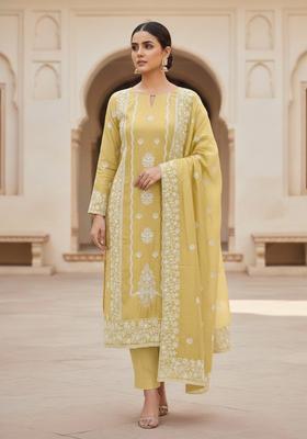 Yellow Embroidery Chanderi Kurta Set