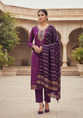 Magenta Embroidery Cotton Kurta Set