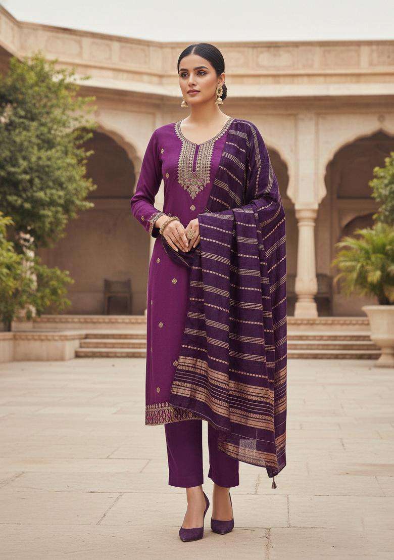 Magenta Embroidery Cotton Kurta Set - Indya