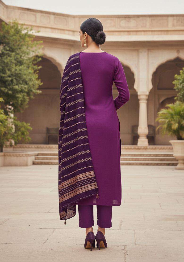 Magenta Embroidery Cotton Kurta Set - Indya