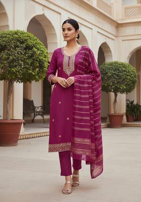 Maroon Embroidery Cotton Kurta Set