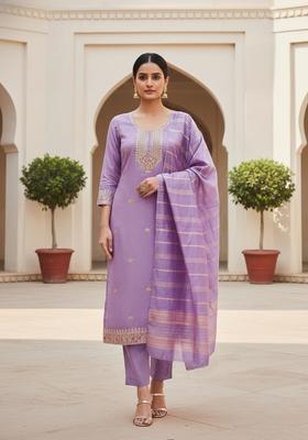 Purple Embroidery Cotton Kurta Set