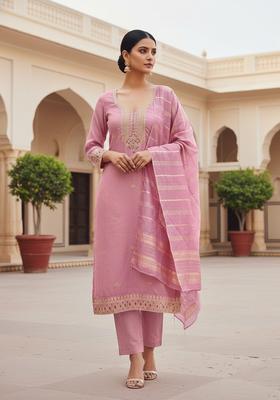 Peach Embroidery Cotton Kurta Set