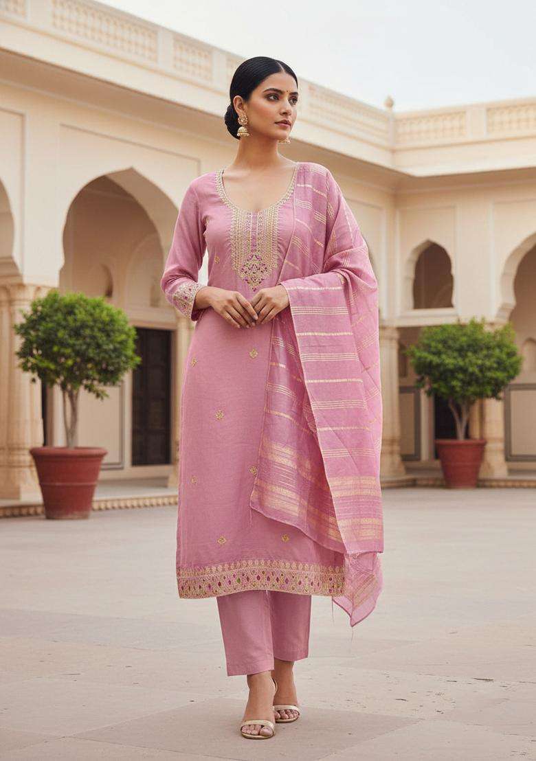 Peach Embroidery Cotton Kurta Set - Indya