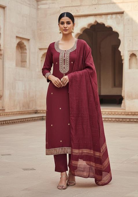 Maroon Embroidery Cotton Kurta Set