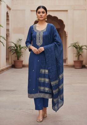 Blue Embroidery Cotton Kurta Set