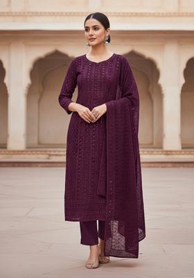 Wine Embroidery Georgette Kurta Set