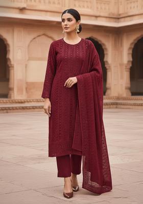 Maroon Embroidery Georgette Kurta Set