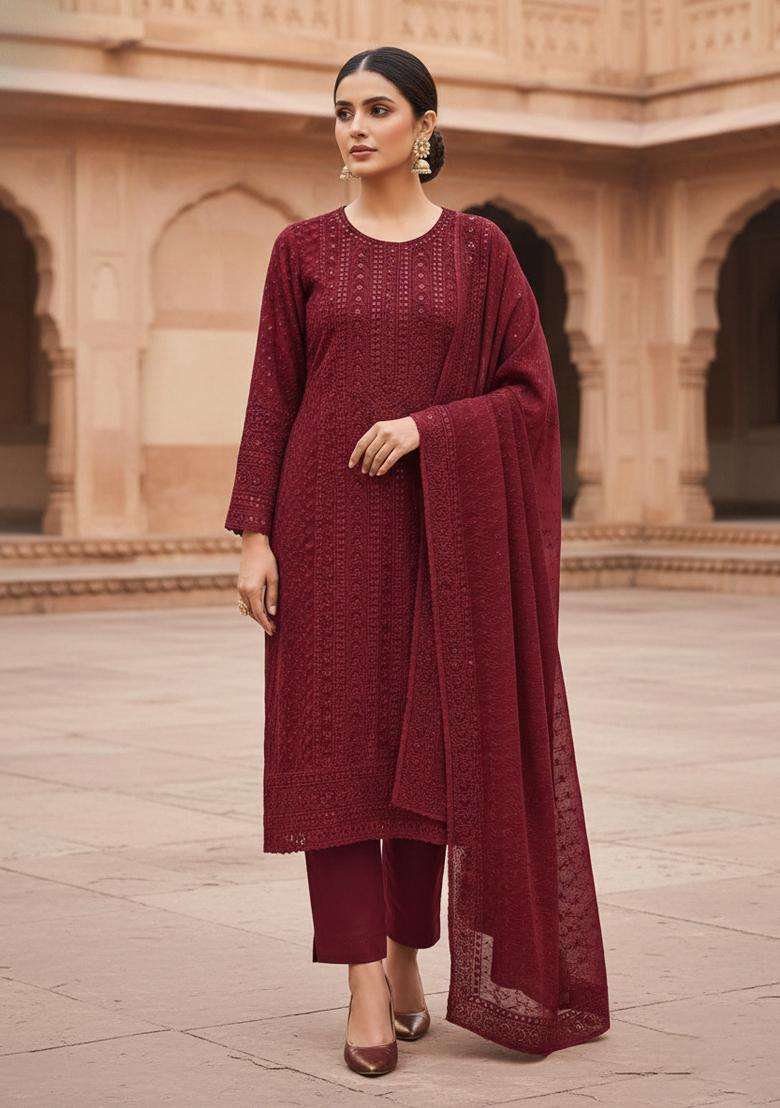 Maroon Embroidery Georgette Kurta Set - Indya