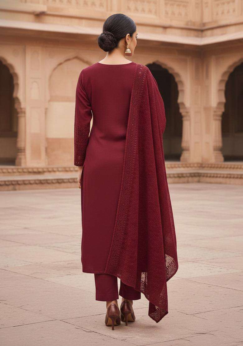 Maroon Embroidery Georgette Kurta Set - Indya