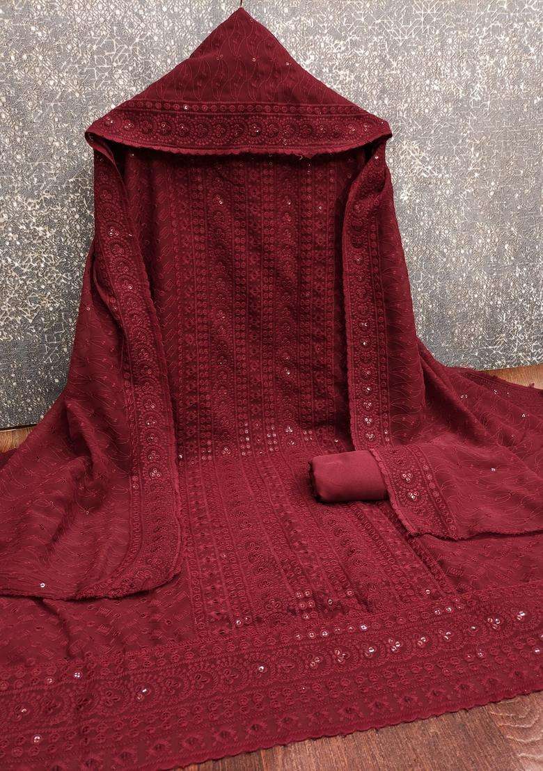 Maroon Embroidery Georgette Kurta Set - Indya