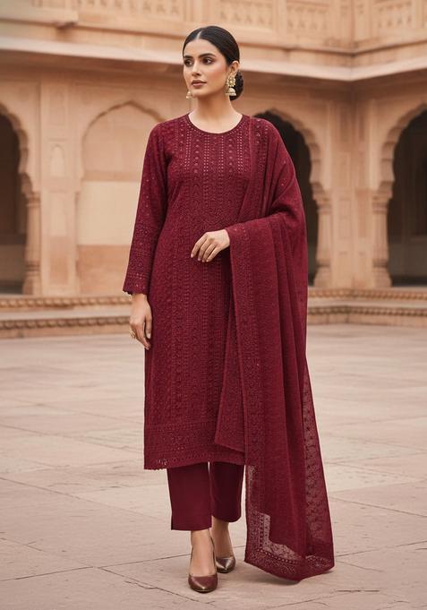 Maroon Embroidery Georgette Kurta Set