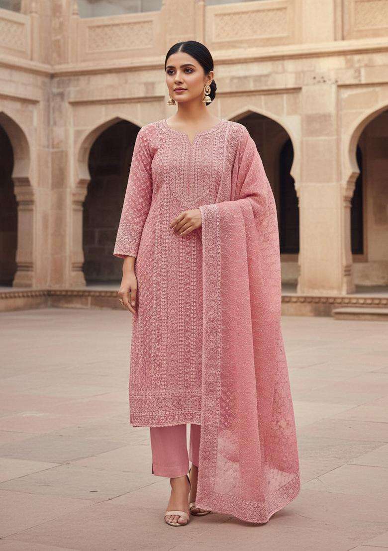 Peach Embroidery Georgette Kurta Set - Indya