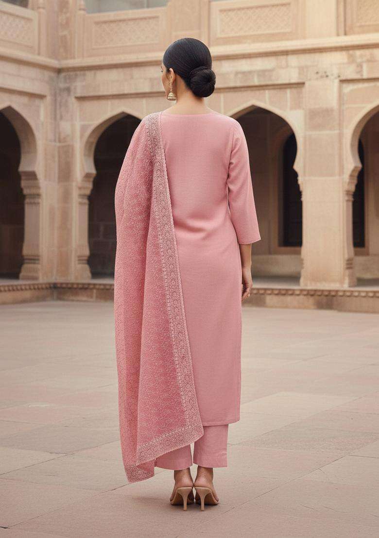 Peach Embroidery Georgette Kurta Set - Indya