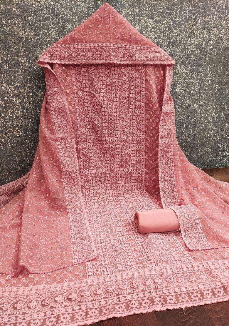 Peach Embroidery Georgette Kurta Set - Indya