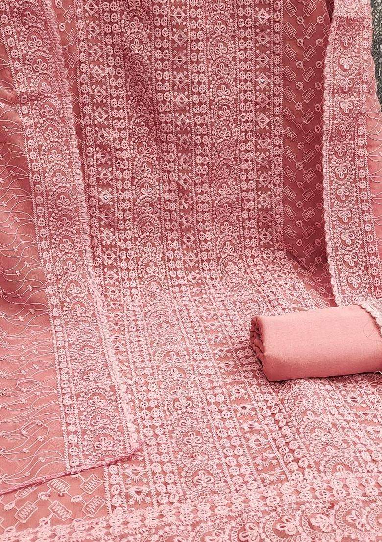 Peach Embroidery Georgette Kurta Set - Indya
