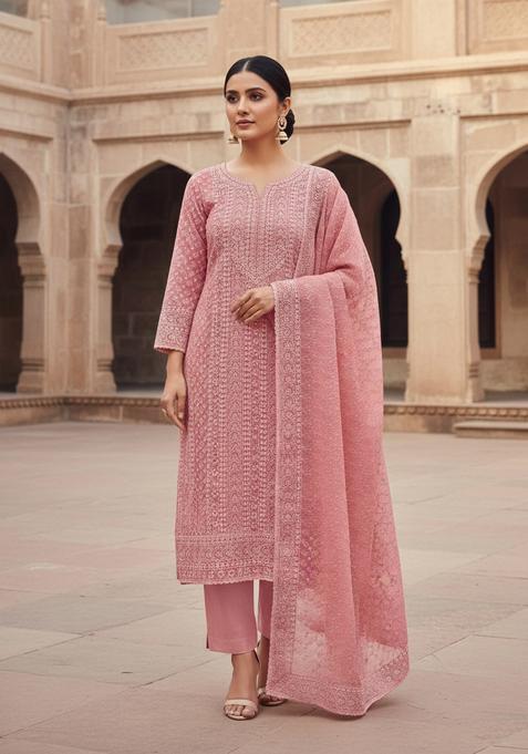 Peach Embroidery Georgette Kurta Set