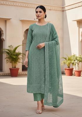 Peach Embroidery Georgette Kurta Set