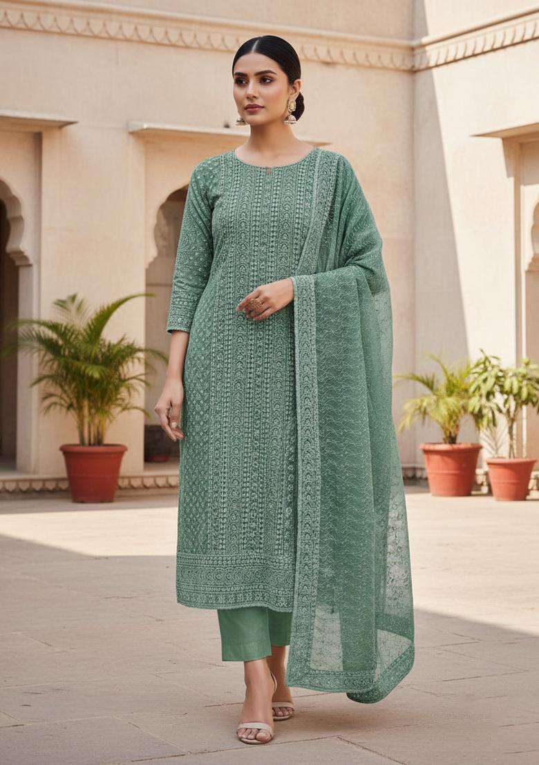 Peach Embroidery Georgette Kurta Set - Indya