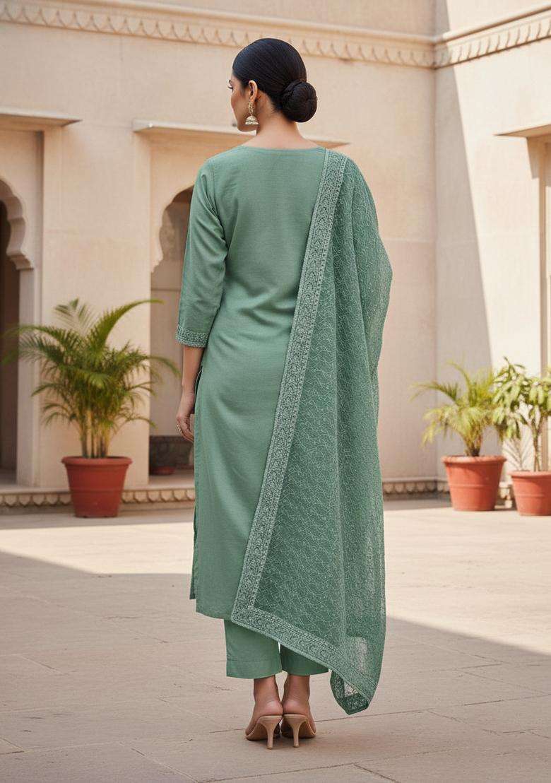 Peach Embroidery Georgette Kurta Set - Indya
