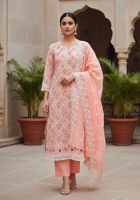 Peach Embroidery Chanderi Kurta Set
