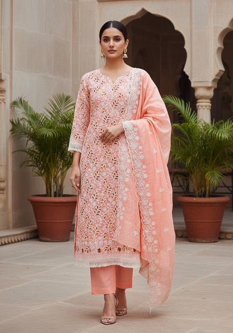 Peach Embroidery Chanderi Kurta Set