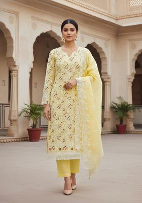 Yellow Embroidery Chanderi Kurta Set