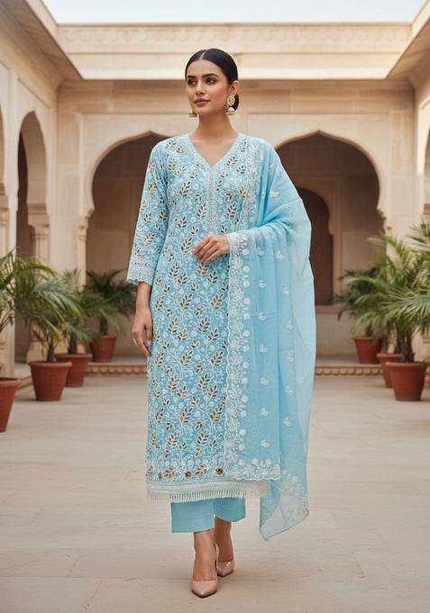 Navy Blue Embroidery Chanderi Kurta Set