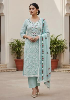Mint Green Embroidery Chanderi Kurta Set