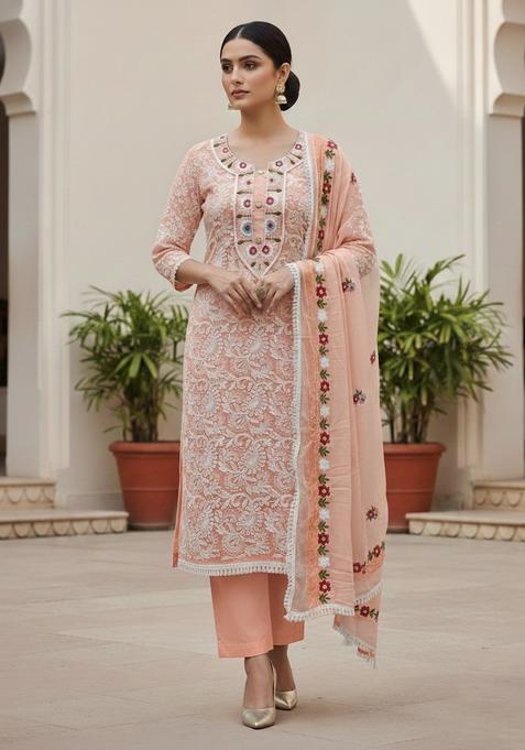 Peach Embroidery Chanderi Kurta Set