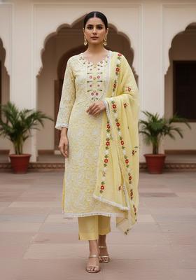 Yellow Embroidery Chanderi Kurta Set