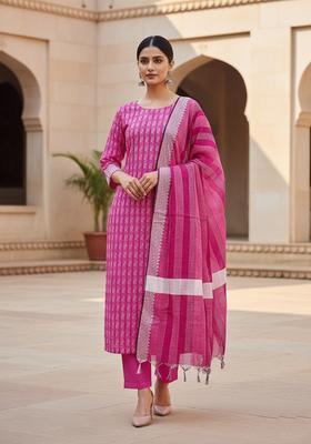 Pink Embroidery Cotton Kurta Set