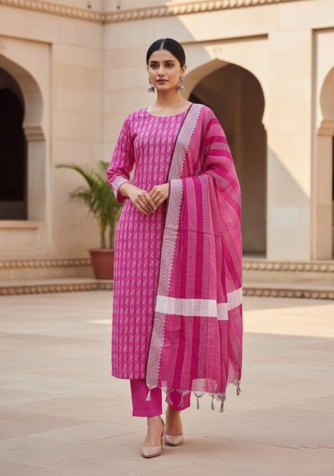 Pink Embroidery Cotton Kurta Set